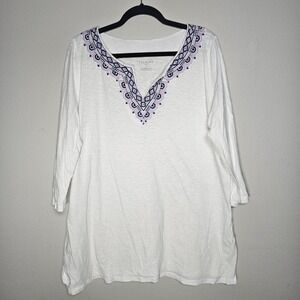 Talbots Womens 1X White Purple Embroidered 100% Cotton Top Peasant Cottagecore